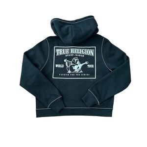 black True Religion zip up hoodie with white stitching #hoodies